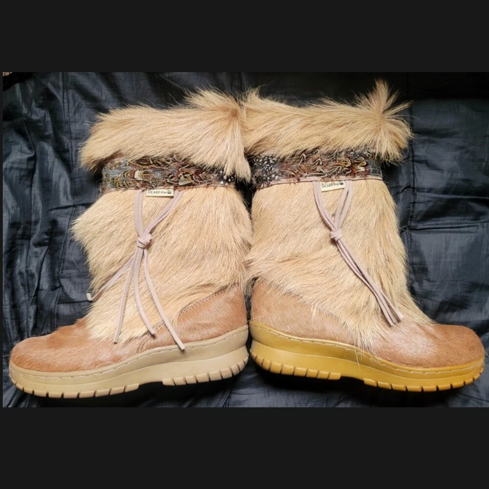 BearPaw KOLA Apres Ski Boots Sz 7 Real Fur Sheepskin Calf Goat Skin Wool Tan - Picture 4 of 16